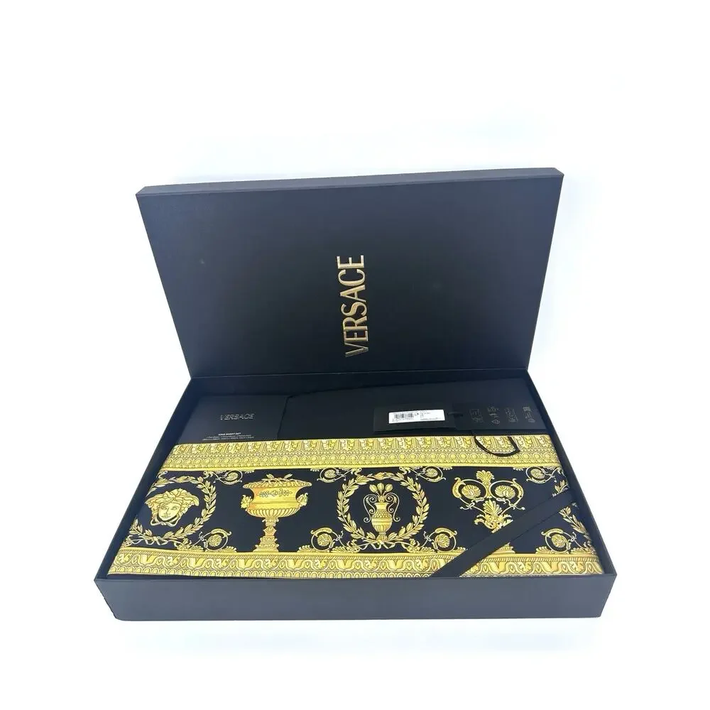 NIB Versace Home Bed Sheet Set 4 Pieces Black Gold Barocco Print Size King